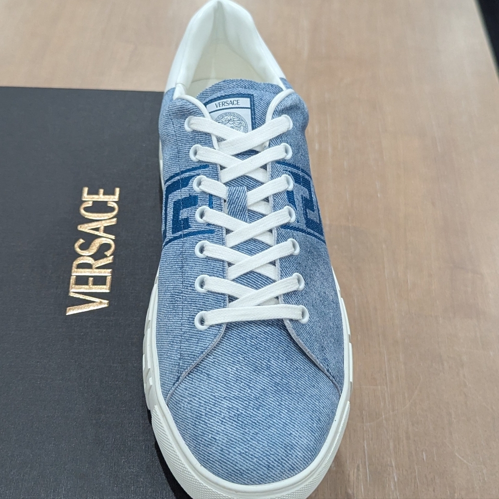 $925 VERSACE Odissea Greca Denim Look Suede Low-Top Sneakers Light Blue 45 US 12 - Picture 2 of 10